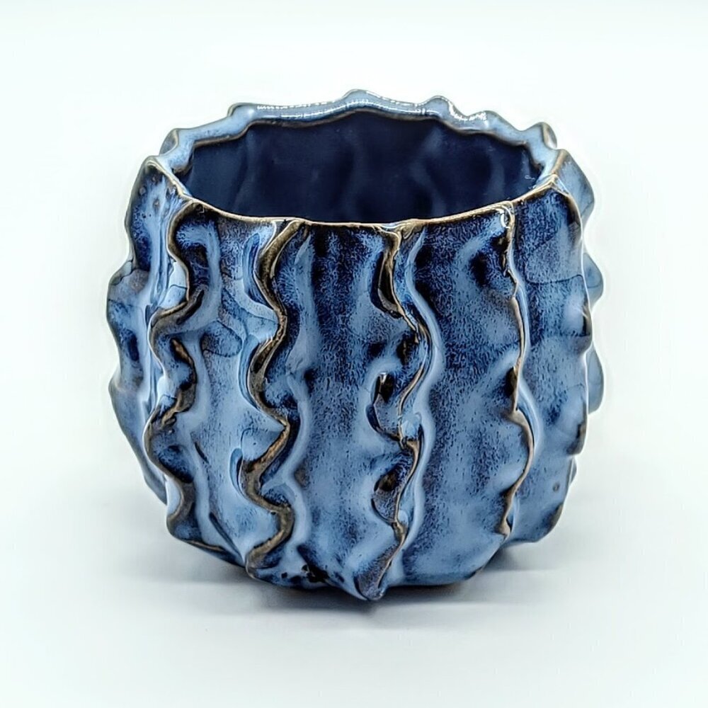 Blue Wavy Ridged Handmade Ceramic Candle Holder